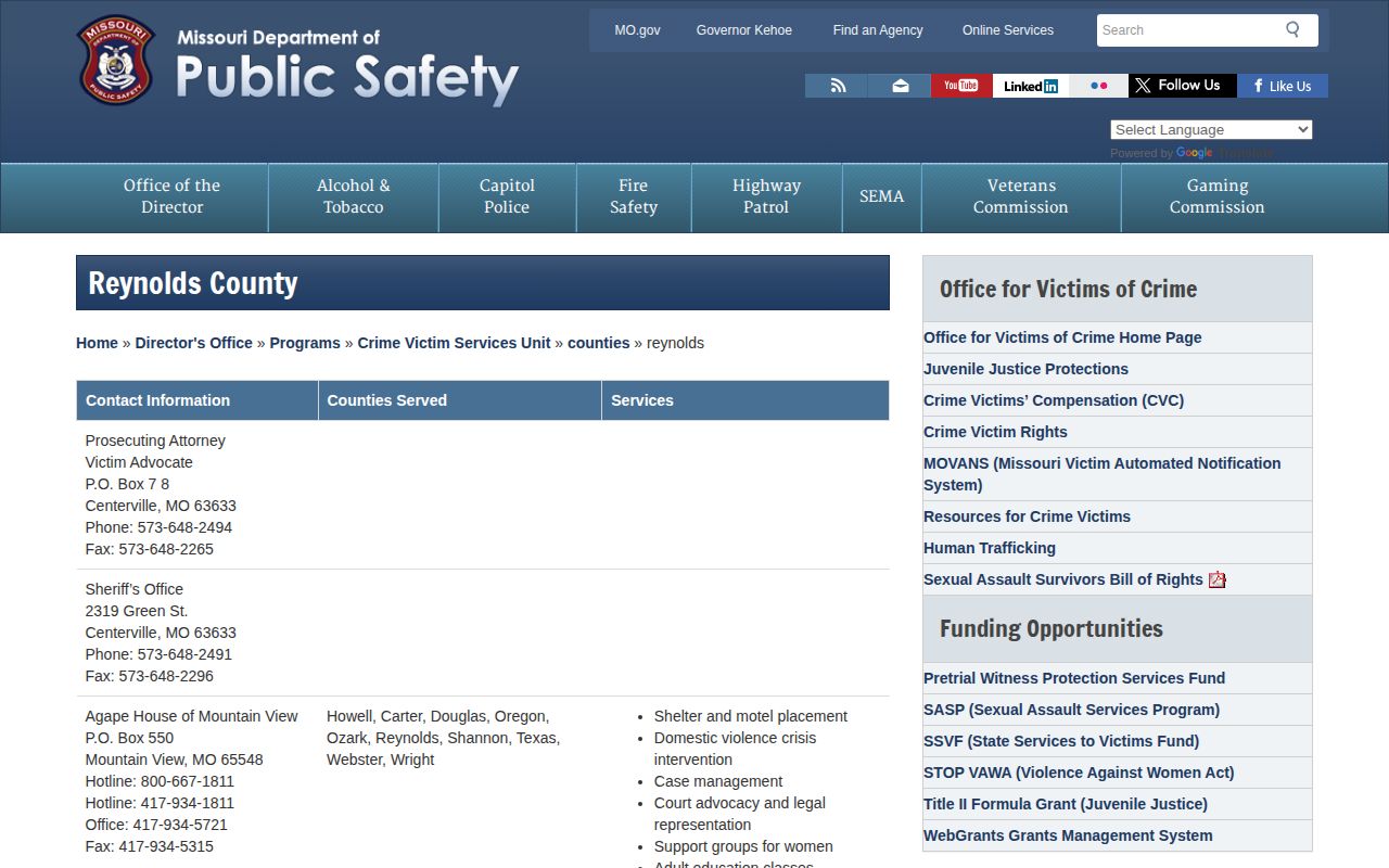 Reynolds County VINELink release verification and local victim resources